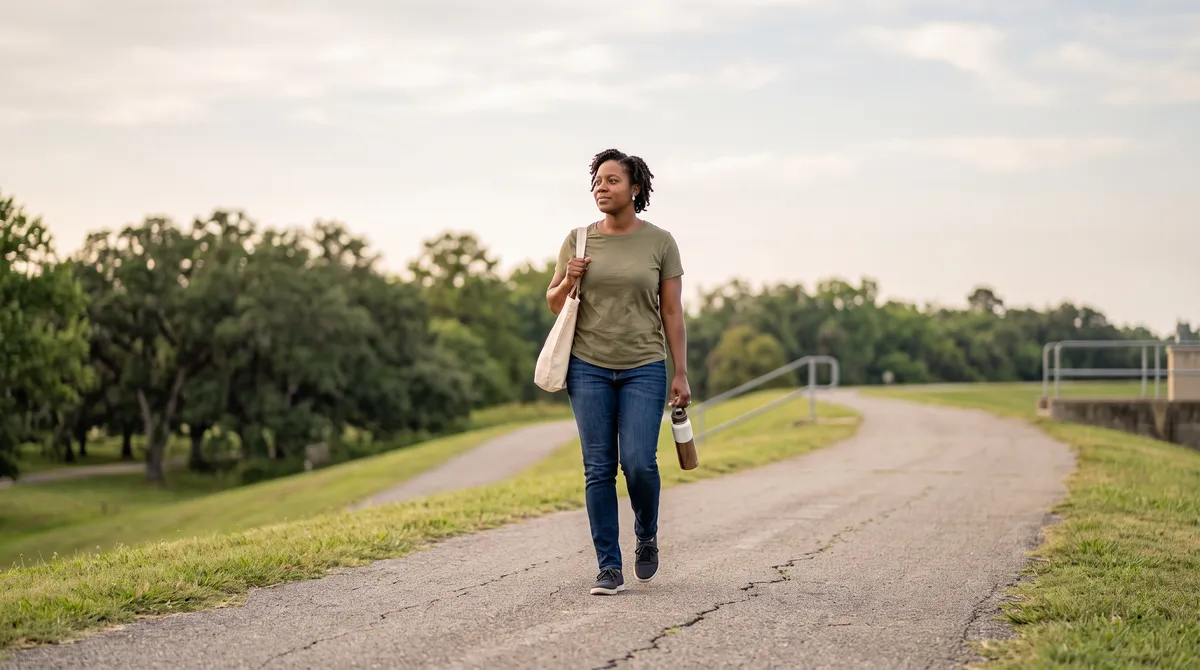 A woman walks a tree-lined path on a late Baton Rouge afternoon.