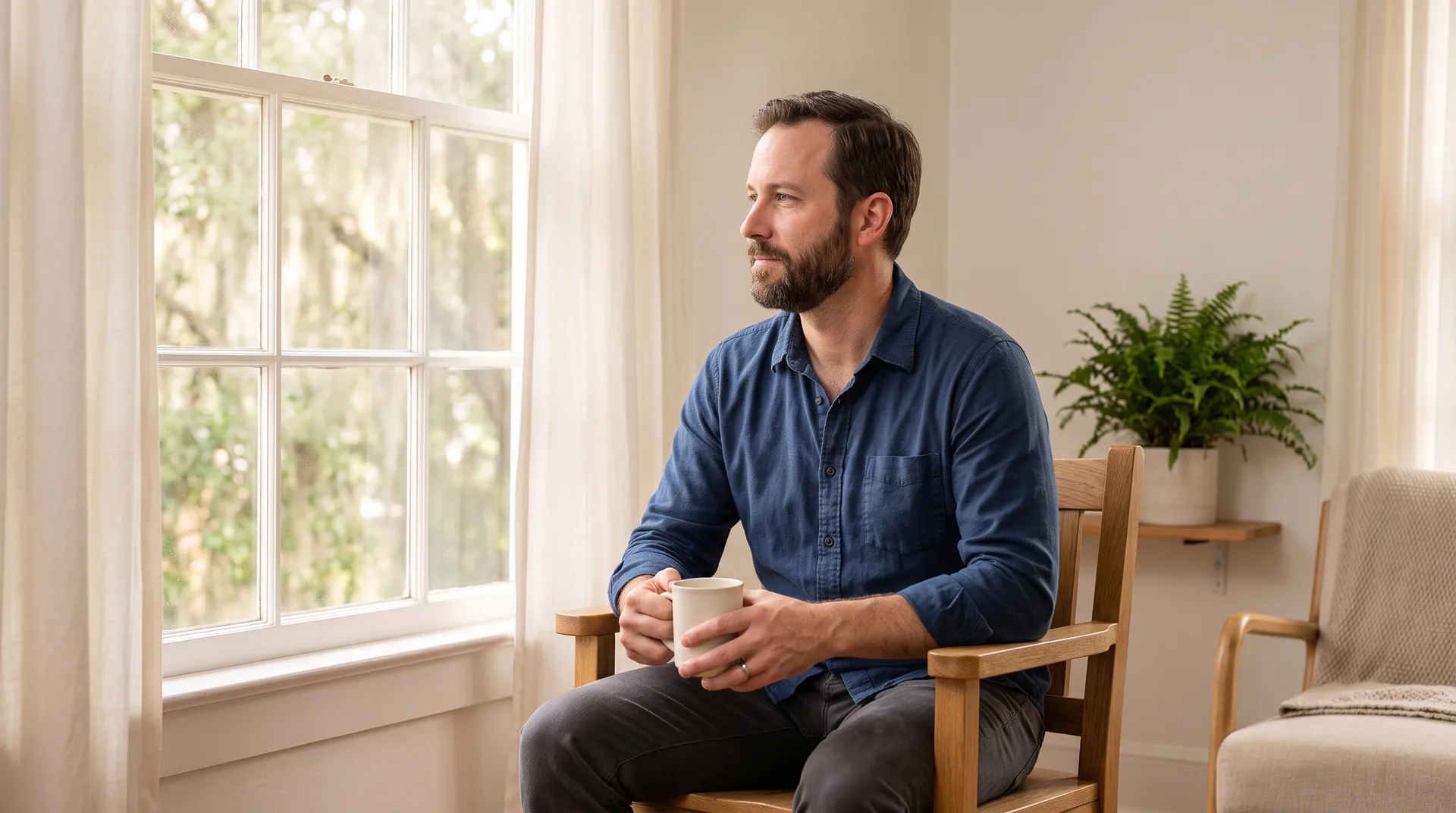 A man in his forties sits quietly with a cup of coffee in a sunlit room.