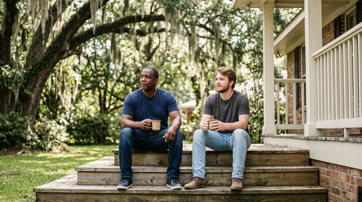 Two men sit together on a shaded front porch, talking over coffee.