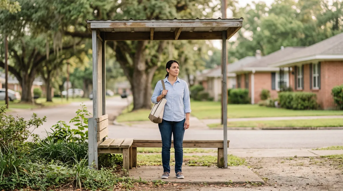A woman waits at a neighborhood bus shelter on her way to work, beneath Louisiana live oaks.